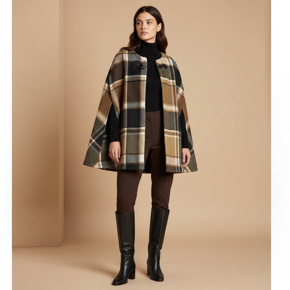 Rachel Roy Classic Fleece Plaid Cloak Sleeve Toggle Front Cape Coat Small Medium